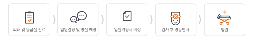 1.진료접수 2,진료상담 3.환자에대한 평가 및 진단 4.입원치료결정 5.입원