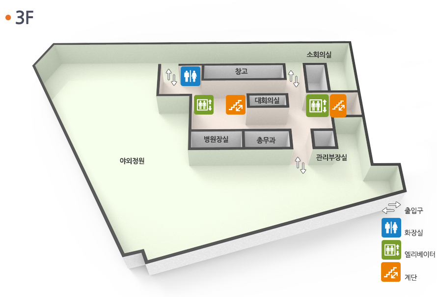 3층에는 소회의실, 대회의실, 병원장실, 총무과, 관리부장실이 있으며 야외정원이 있습니다.